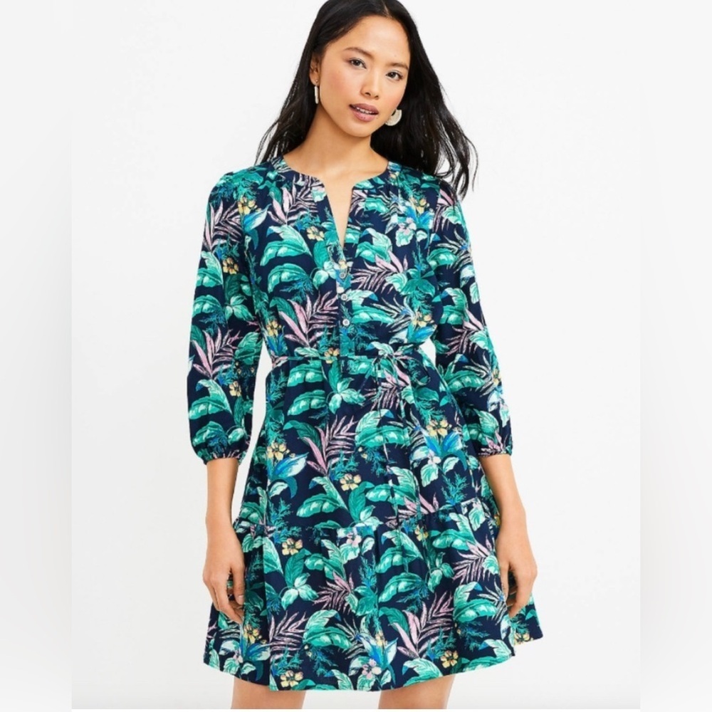 Loft Tropical Palm Henley Flounce Linen Blend Shirt Dress 3/4 Sleeve Size XL